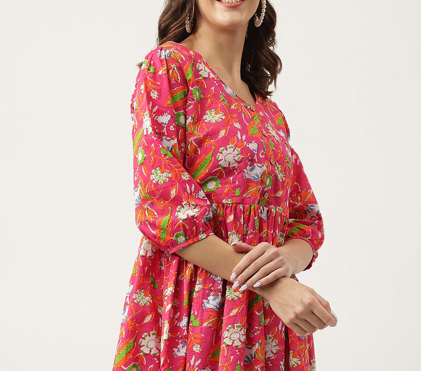 Divena Pink Floral Printed Cotton Peplum Fit Top