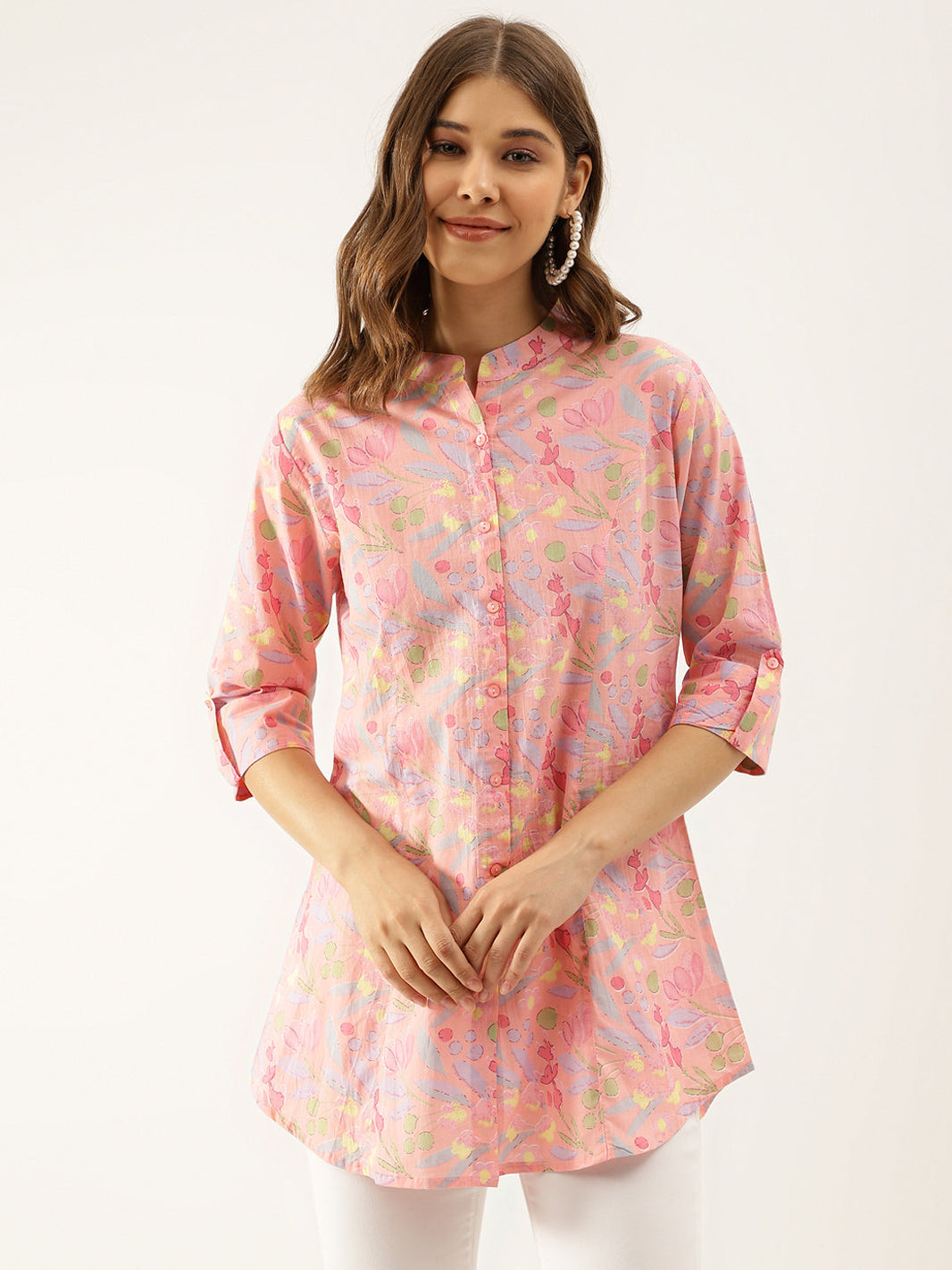 Divena Pink Multi Colored Floral print Cotton Regular Top