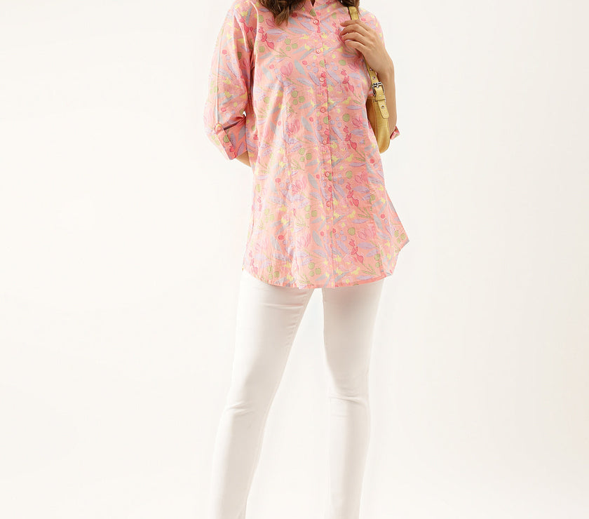 Divena Pink Multi Colored Floral print Cotton Regular Top