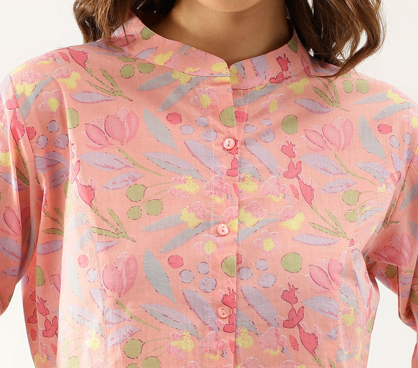 Divena Pink Multi Colored Floral print Cotton Regular Top