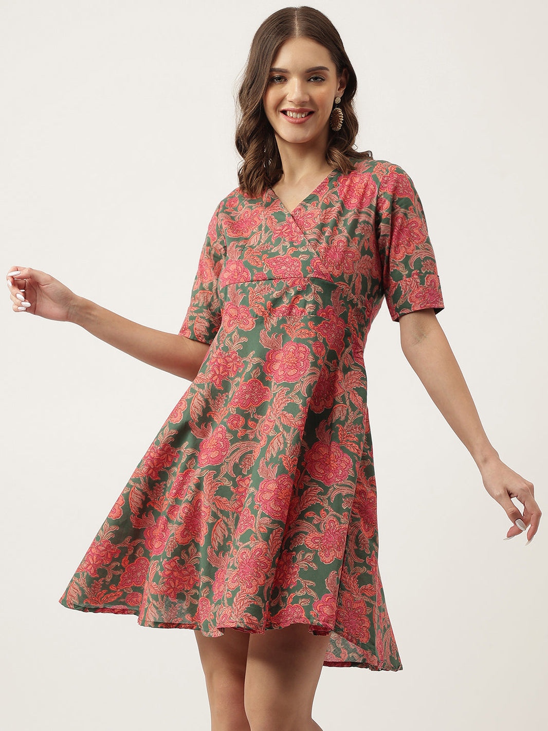 Divena Grey Pink Floral Printed Cotton Fit & Flare Mini Dress