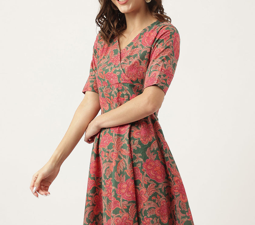 Divena Grey Pink Floral Printed Cotton Fit & Flare Mini Dress