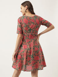 Divena Grey Pink Floral Printed Cotton Fit & Flare Mini Dress