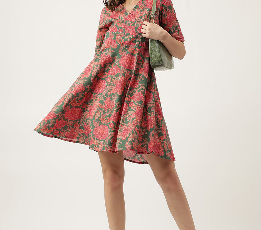 Divena Grey Pink Floral Printed Cotton Fit & Flare Mini Dress