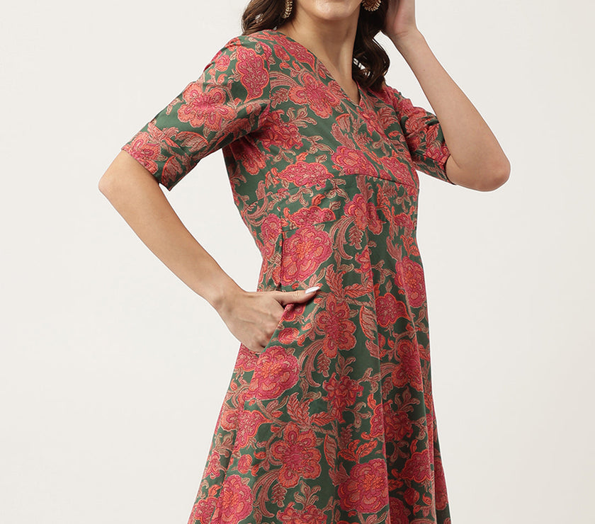 Divena Grey Pink Floral Printed Cotton Fit & Flare Mini Dress