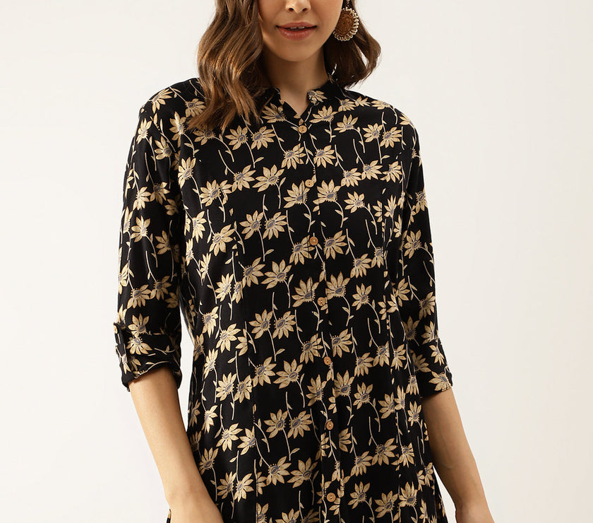 Divena Black Floral Printed Rayon Shirt type Top for Women