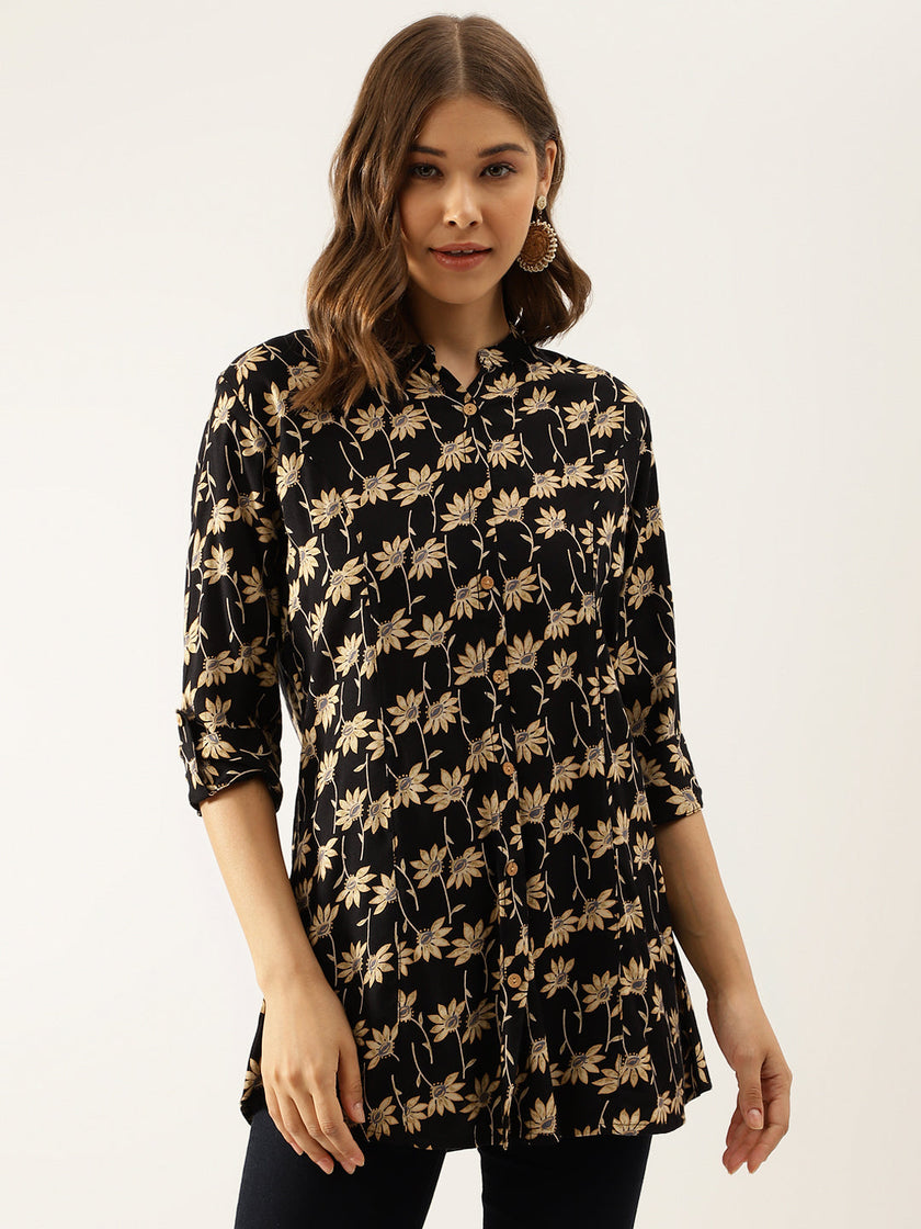 Divena Black Floral Printed Rayon Shirt type Top for Women