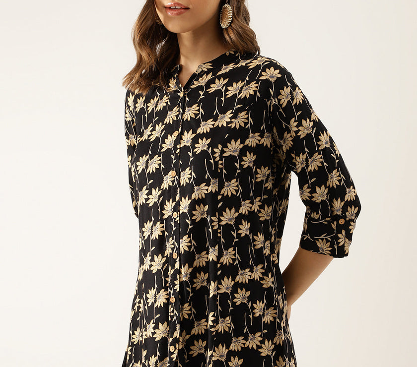 Divena Black Floral Printed Rayon Shirt type Top for Women