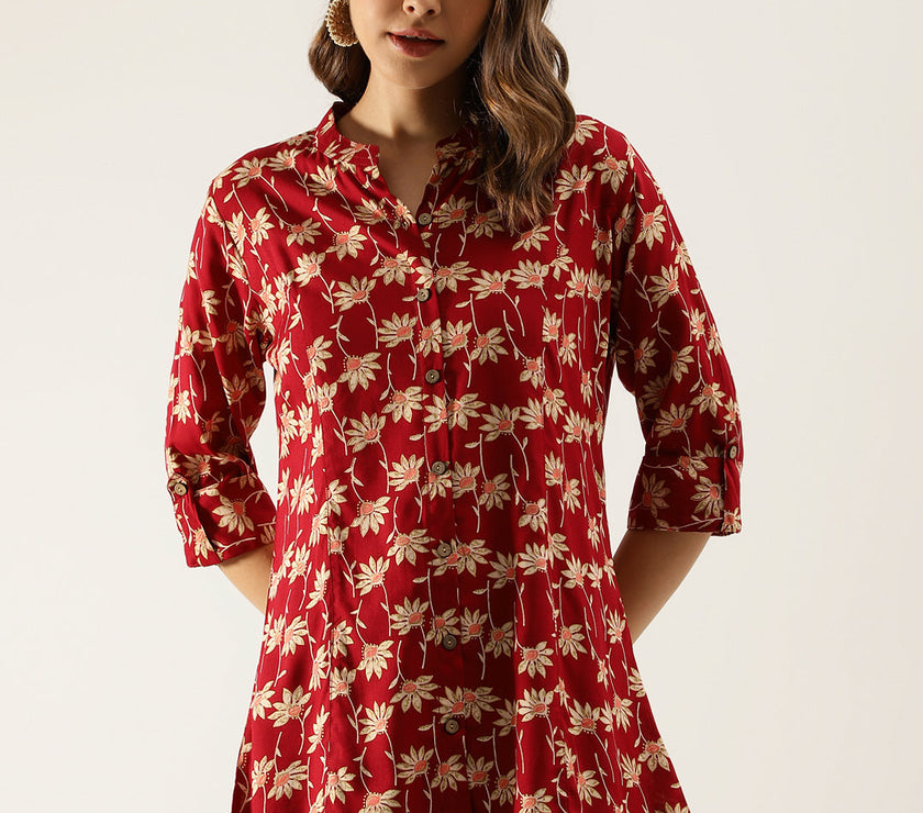 Divena Maroon Floral Printed Rayon Shirt type Top for Women