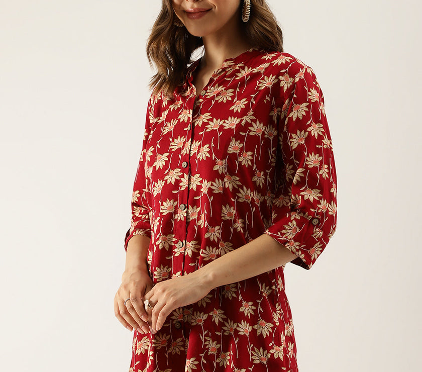 Divena Maroon Floral Printed Rayon Shirt type Top for Women