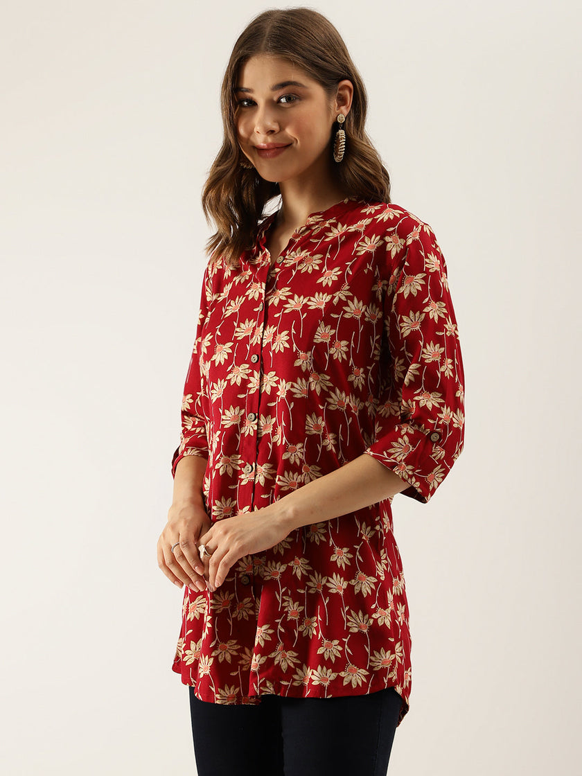 Divena Maroon Floral Printed Rayon Shirt type Top for Women