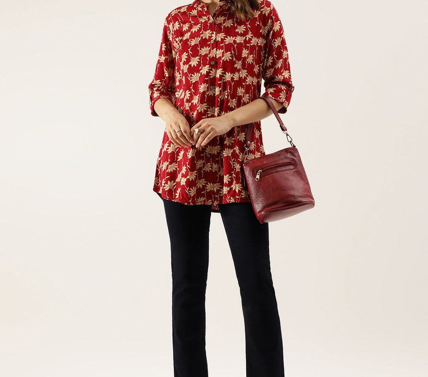 Divena Maroon Floral Printed Rayon Shirt type Top for Women