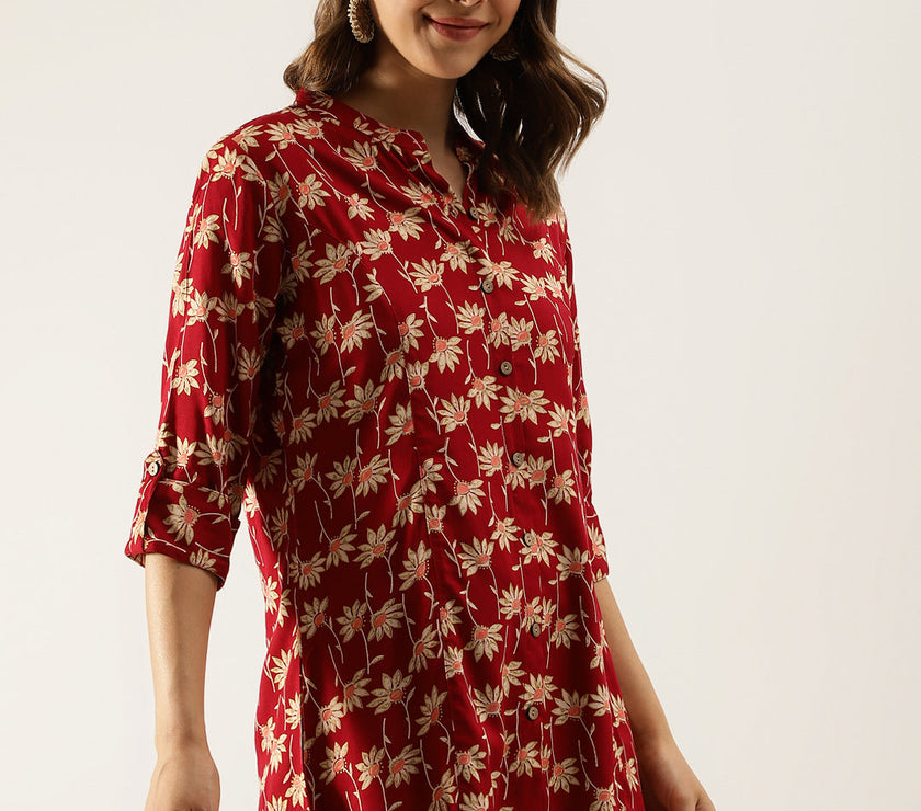 Divena Maroon Floral Printed Rayon Shirt type Top for Women