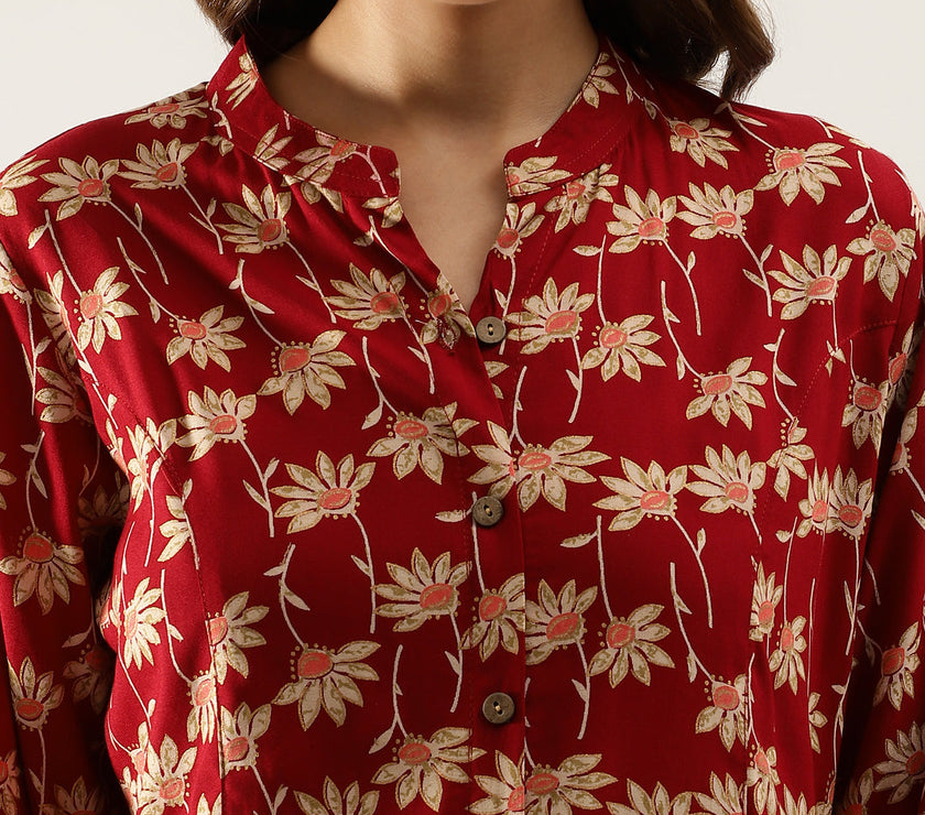 Divena Maroon Floral Printed Rayon Shirt type Top for Women