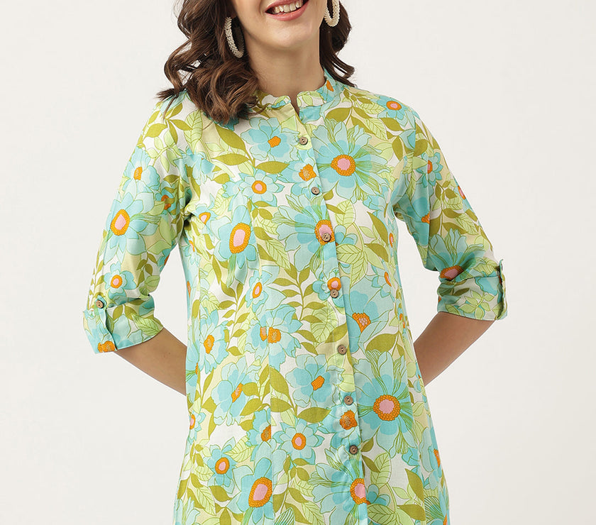 Divena Green Floral Printed Rayon Shirt Style Top