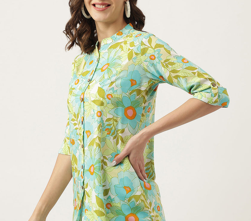 Divena Green Floral Printed Rayon Shirt Style Top