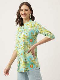 Divena Green Floral Printed Rayon Shirt Style Top