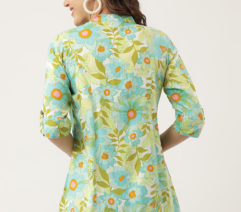 Divena Green Floral Printed Rayon Shirt Style Top