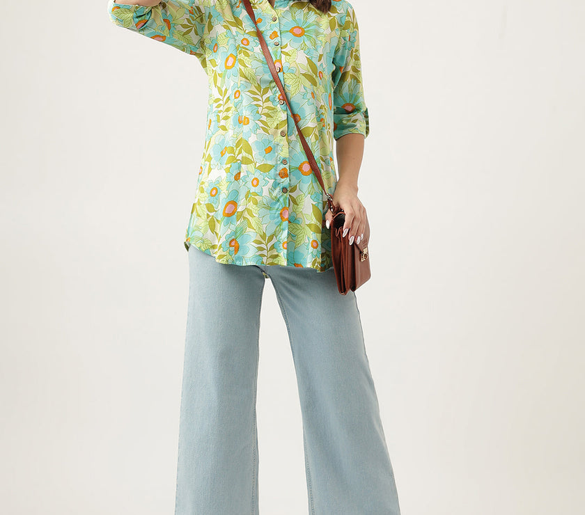 Divena Green Floral Printed Rayon Shirt Style Top