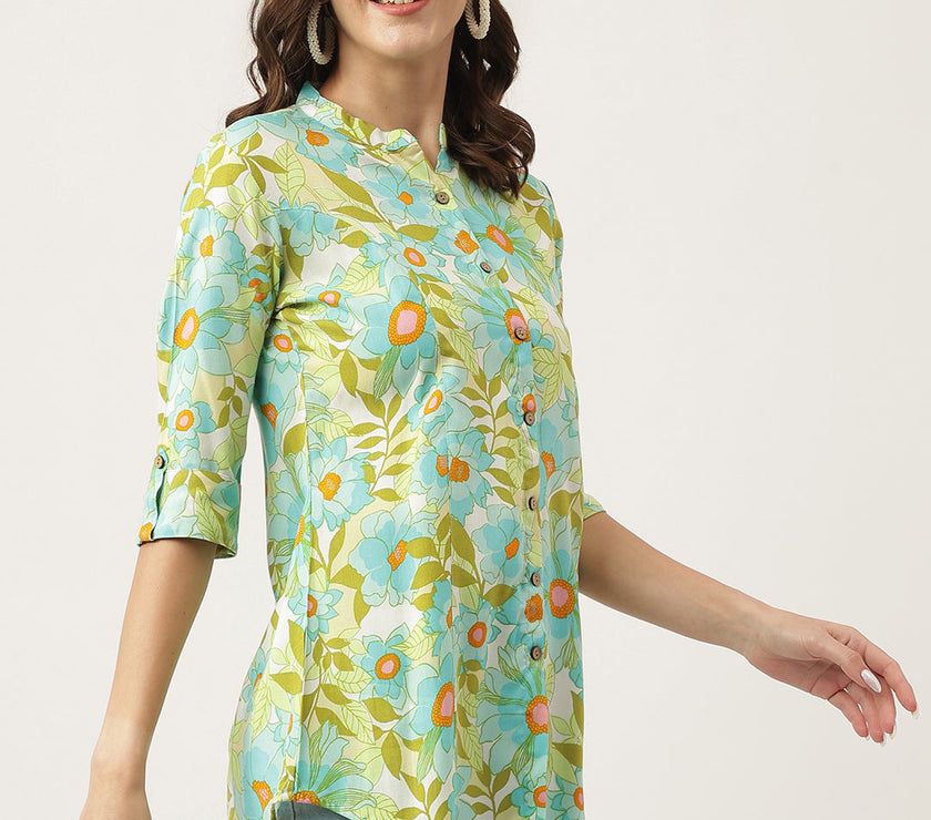 Divena Green Floral Printed Rayon Shirt Style Top