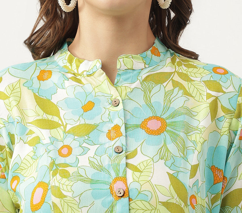 Divena Green Floral Printed Rayon Shirt Style Top