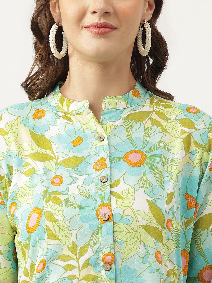 Divena Green Floral Printed Rayon Shirt Style Top