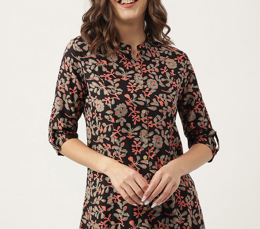 Divena Black Floral Printed Rayon Shirt Style Top