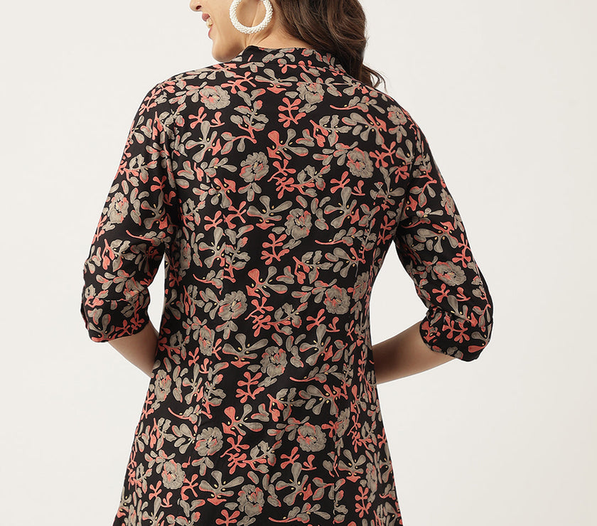 Divena Black Floral Printed Rayon Shirt Style Top