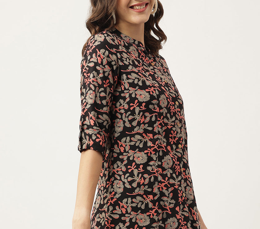 Divena Black Floral Printed Rayon Shirt Style Top