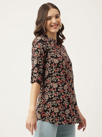 Divena Black Floral Printed Rayon Shirt Style Top