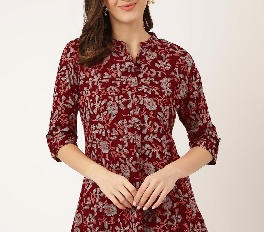 Divena Maroon Floral Print Rayon Regular Top