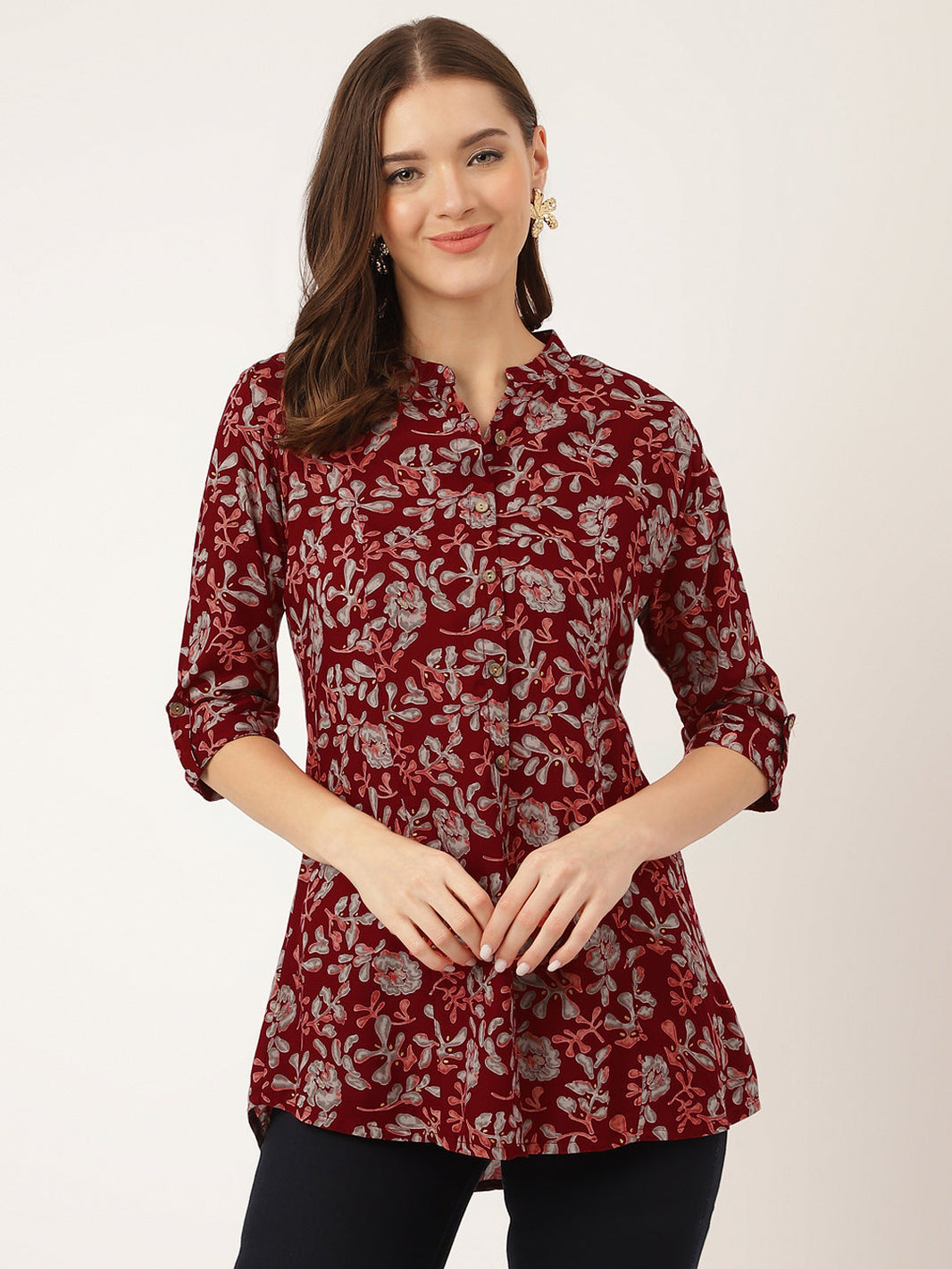 Divena Maroon Floral Print Rayon Regular Top