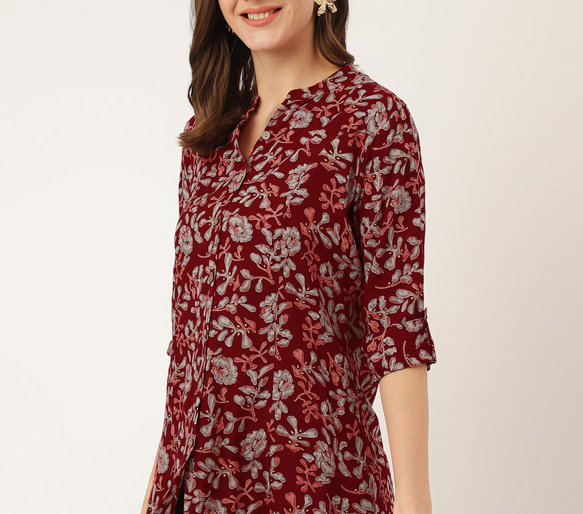 Divena Maroon Floral Print Rayon Regular Top