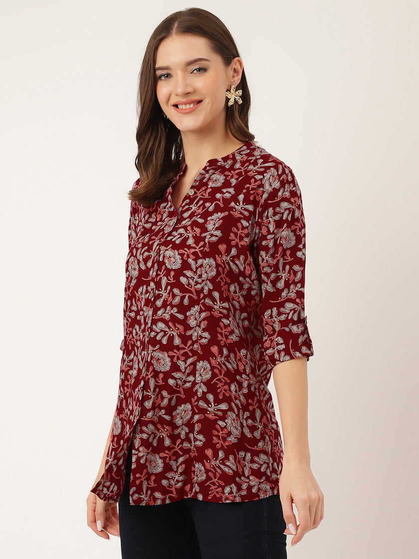 Divena Maroon Floral Print Rayon Regular Top