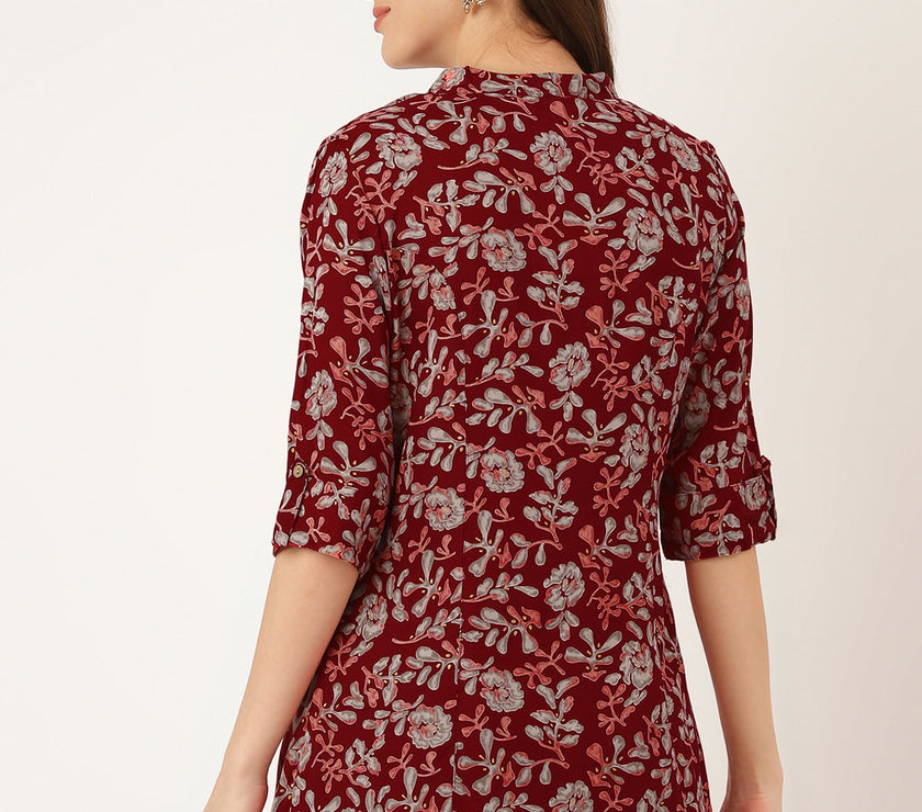 Divena Maroon Floral Print Rayon Regular Top