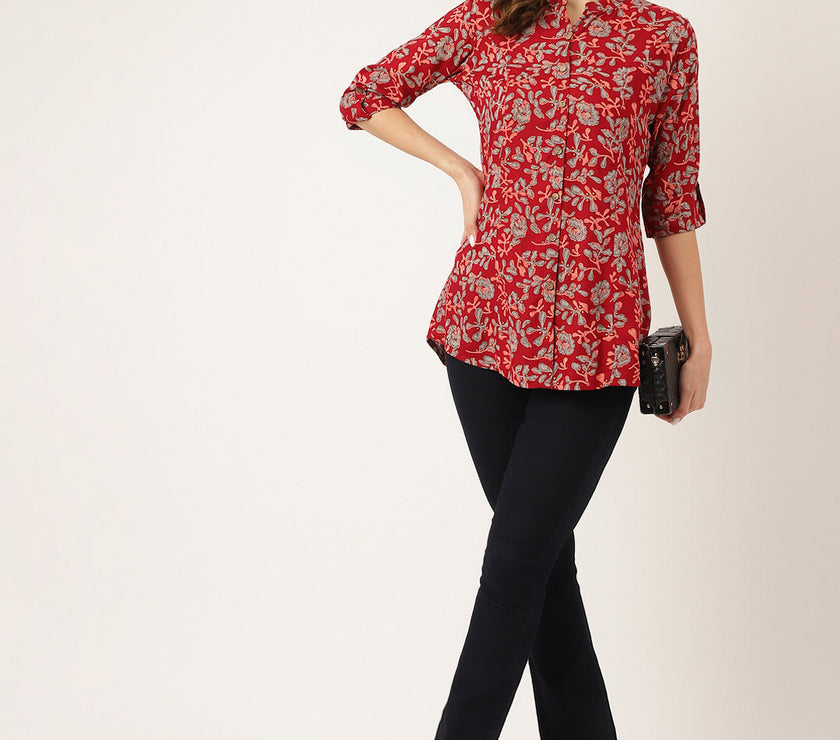 Divena Maroon Floral Print Rayon Regular Top