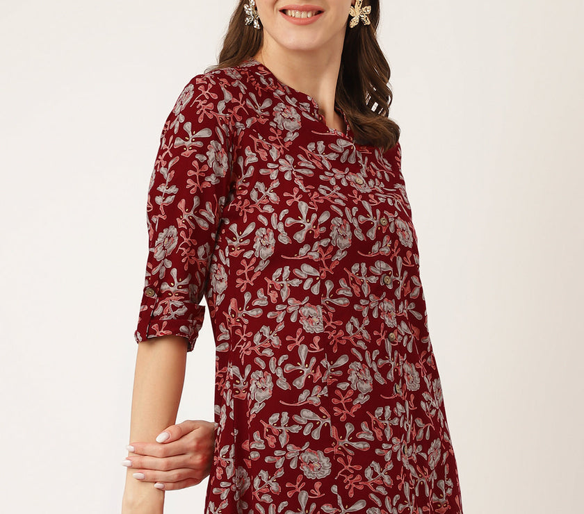 Divena Maroon Floral Print Rayon Regular Top