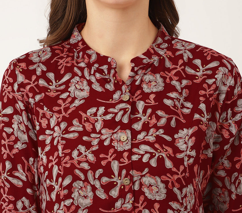 Divena Maroon Floral Print Rayon Regular Top