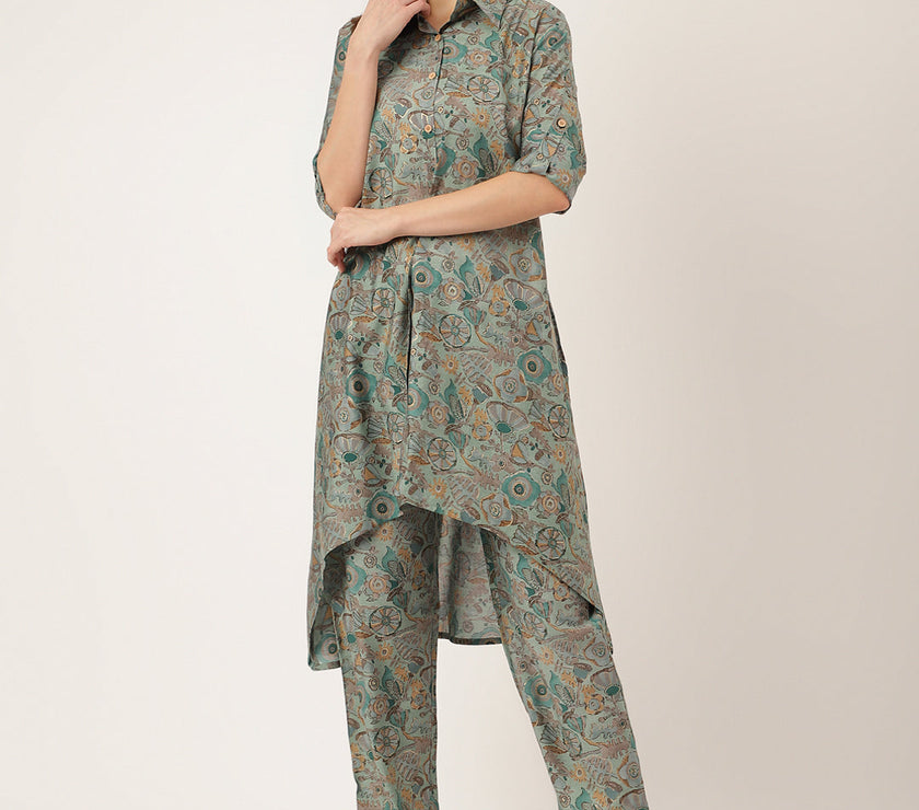 Divena Blue & Green Foil Printed Chanderi  Co-ord Set