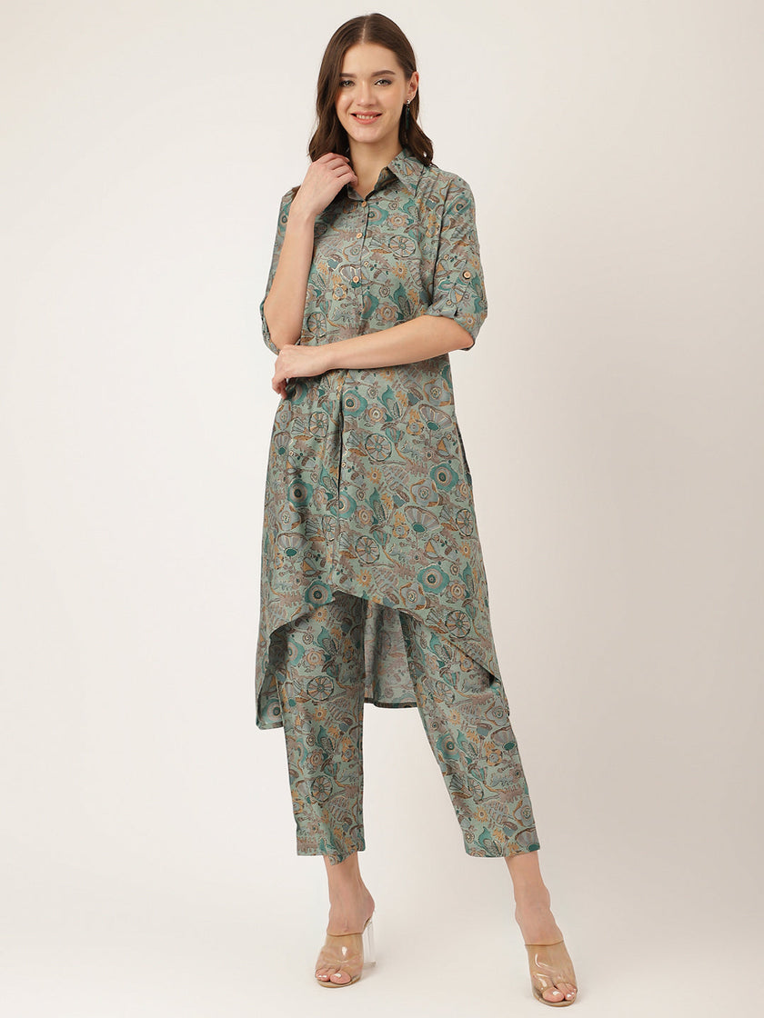 Divena Blue & Green Foil Printed Chanderi  Co-ord Set