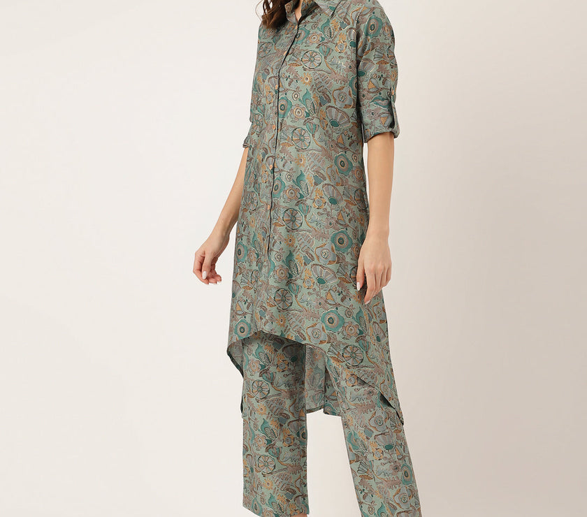 Divena Blue & Green Foil Printed Chanderi  Co-ord Set