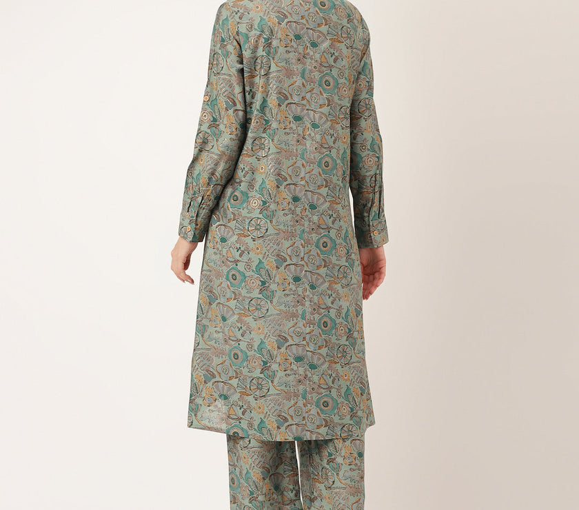 Divena Blue & Green Foil Printed Chanderi  Co-ord Set