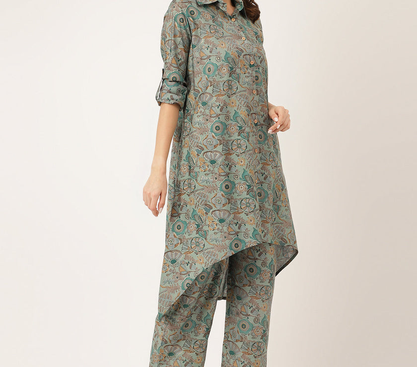 Divena Blue & Green Foil Printed Chanderi  Co-ord Set