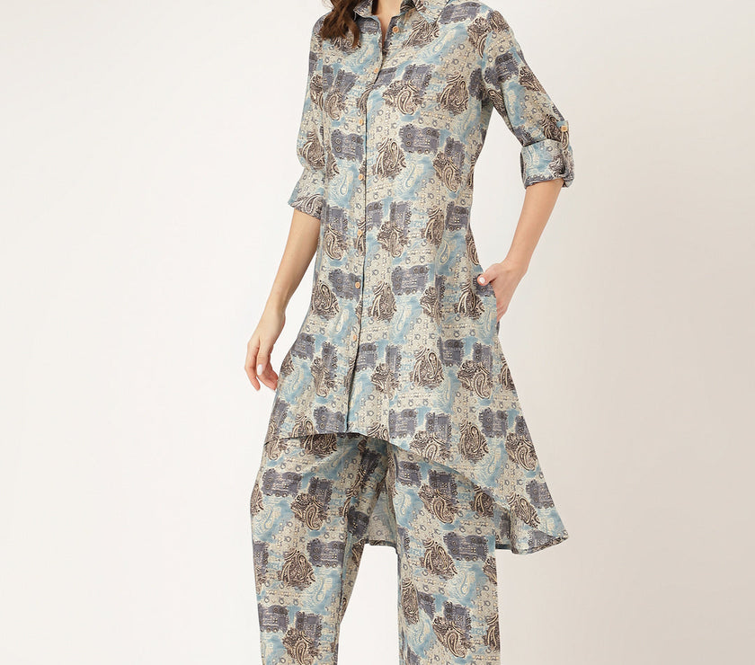 Divena Blue Foil Printed Chanderi Co-ord Set