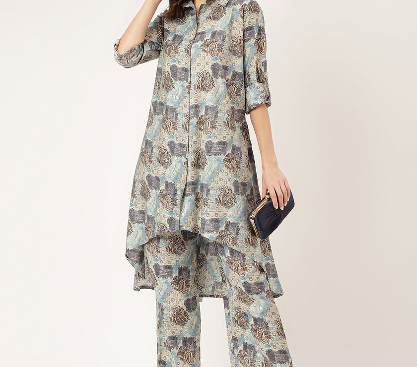 Divena Blue Foil Printed Chanderi Co-ord Set