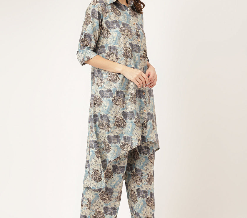 Divena Blue Foil Printed Chanderi Co-ord Set