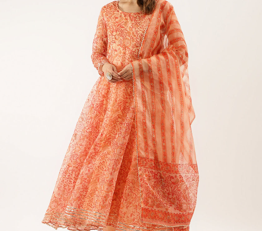 Orange Floral Print Organza Anarkali Kurta set with Dupatta