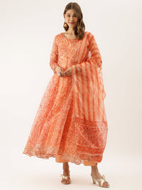 Orange Floral Print Organza Anarkali Kurta set with Dupatta