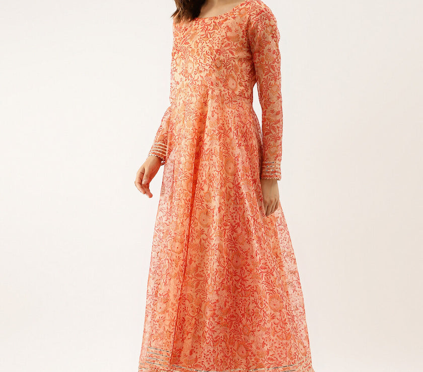 Orange Floral Print Organza Anarkali Kurta set with Dupatta