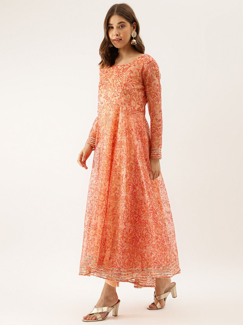 Orange Floral Print Organza Anarkali Kurta set with Dupatta